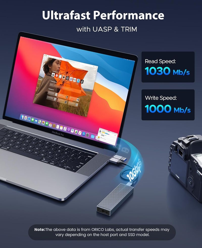 Orico محول ألومنيوم بدون أدوات لتخزين SSD NVMe M.2، قارئ USB-C M2 بسرعة 10Gbps لدعم M.2 PCIe NVMe M-Key 2230/2242/2260/2280، متوافق مع Thunderbolt 3، حالة خارجية تدعم UASP Trim-BM2G2 - Image 2